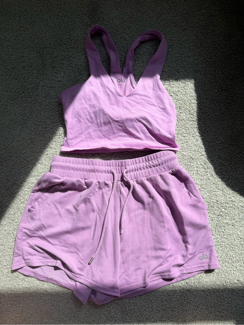 ALO Yoga Lavender Cropped Sports Bra & Drawstring Shorts Set